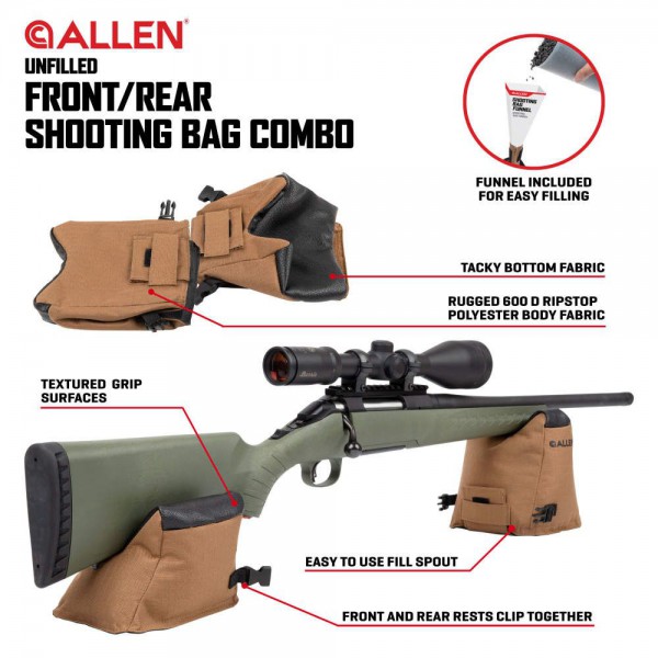Apoya Rifle Allen Unfilled Front & Rear Shooting Bag Combo, Tan & Black